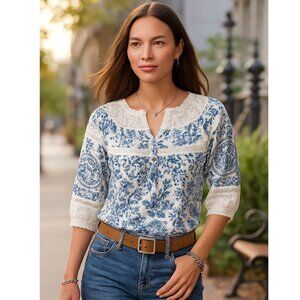Sundance Boho Floral Lace Trim Peasant Top White & Blue Cotton Blend Size Medium
